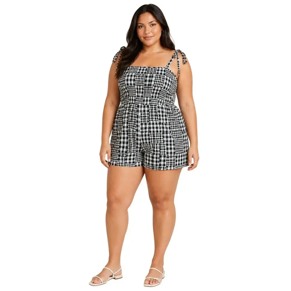 Old Navy Blue Gingham Patchwork Romper Sleeveless Smocking Cotton Pockets 2X